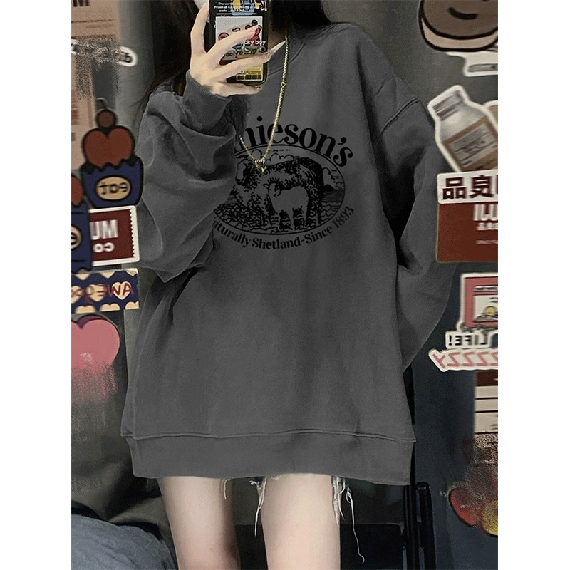 中长款遮屁股圆领卫衣女秋冬装新款网红美式宽松复古高街over