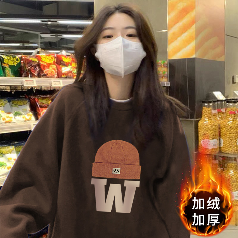中长款遮屁股加绒圆领卫衣女2024新款爆款新款冬季美式复古宽松