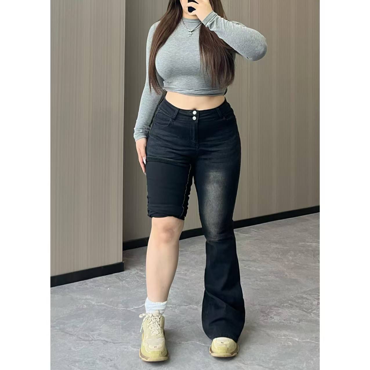 卤蛋公主【修容裤】大码胖mm显瘦辣妹修身弹力时尚微喇