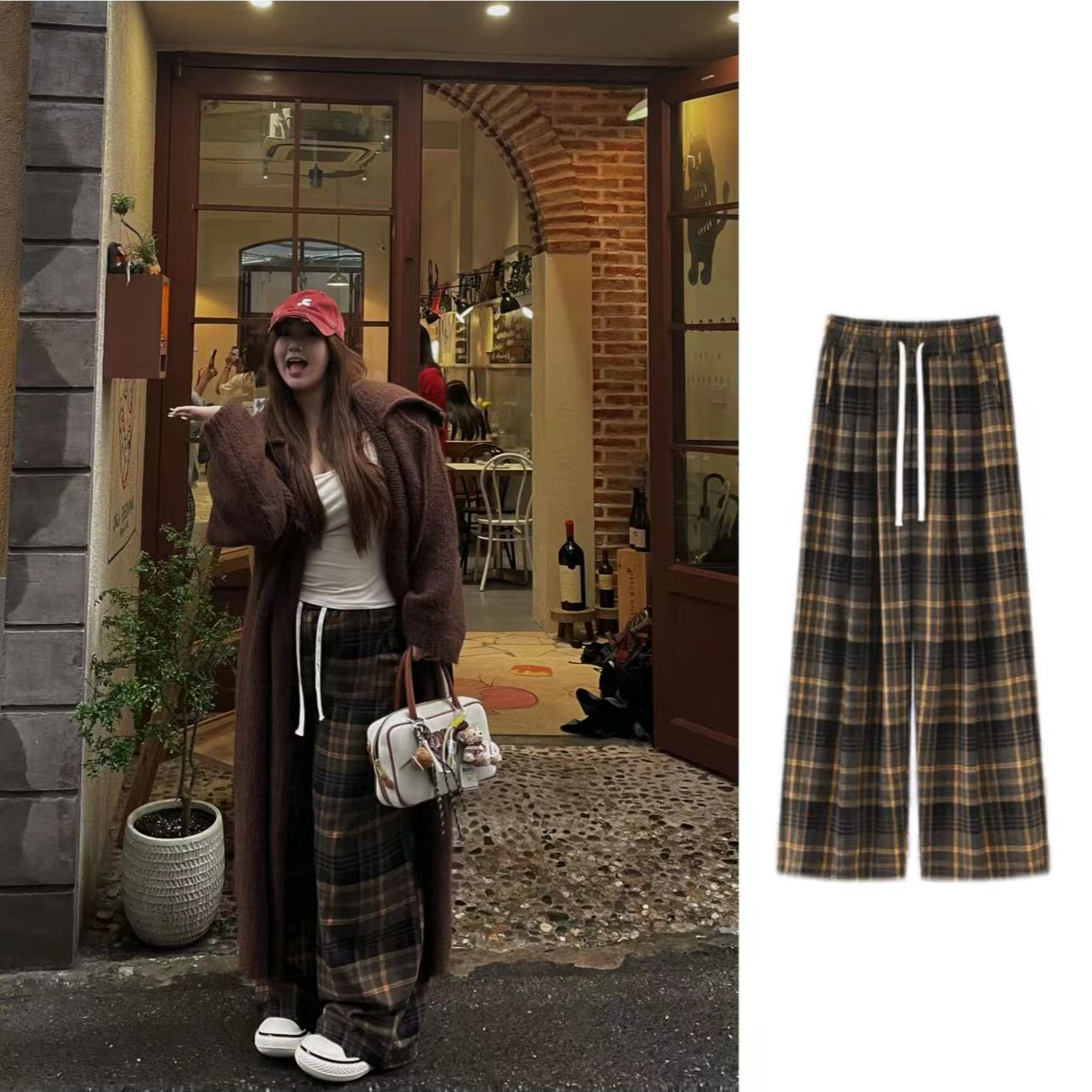 卤蛋公主【格子裤】大码胖mm直筒休闲秋冬格子时尚韩版设计感