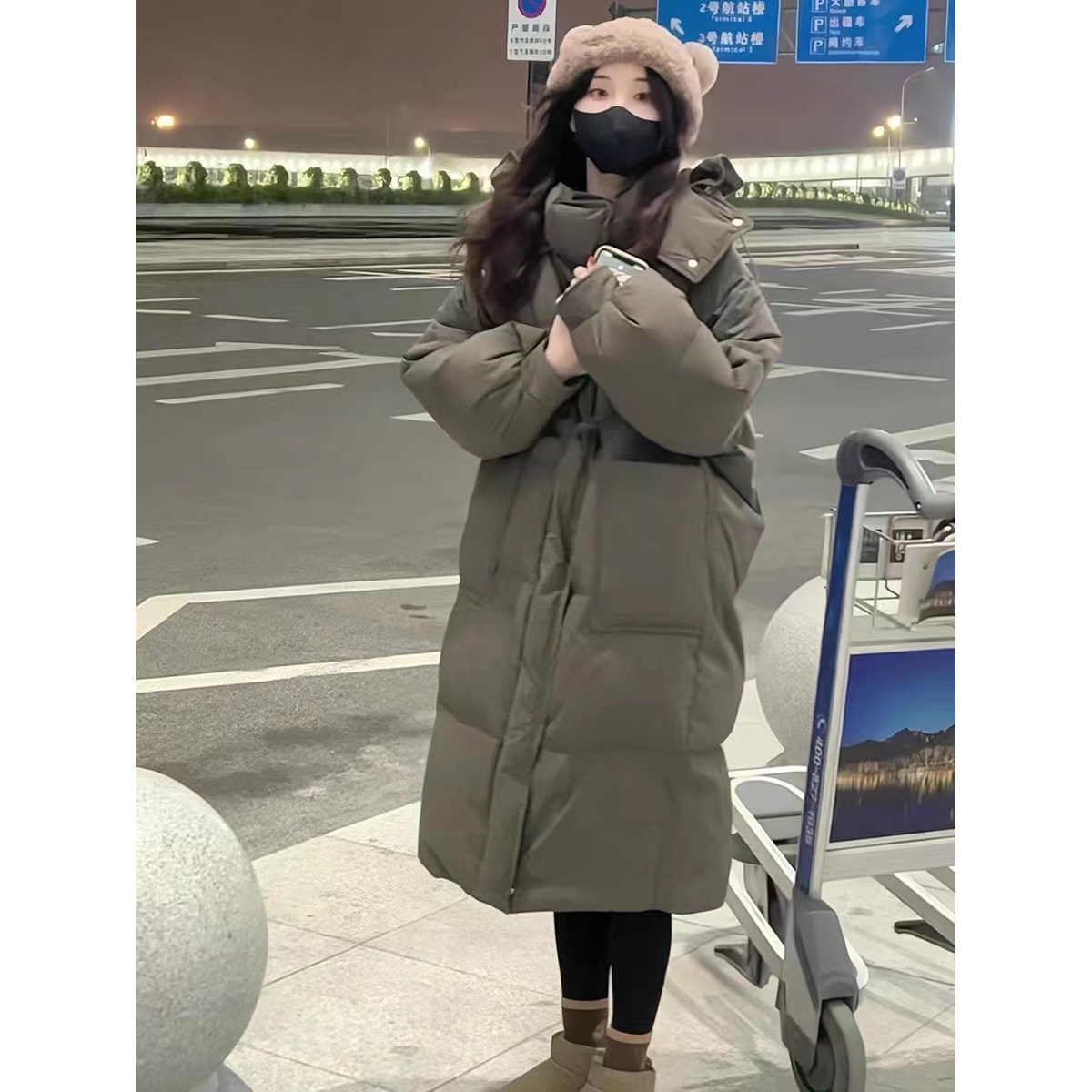 小个子加厚连帽棉服女2023冬季新款韩版宽松面包服中长款棉衣外套
