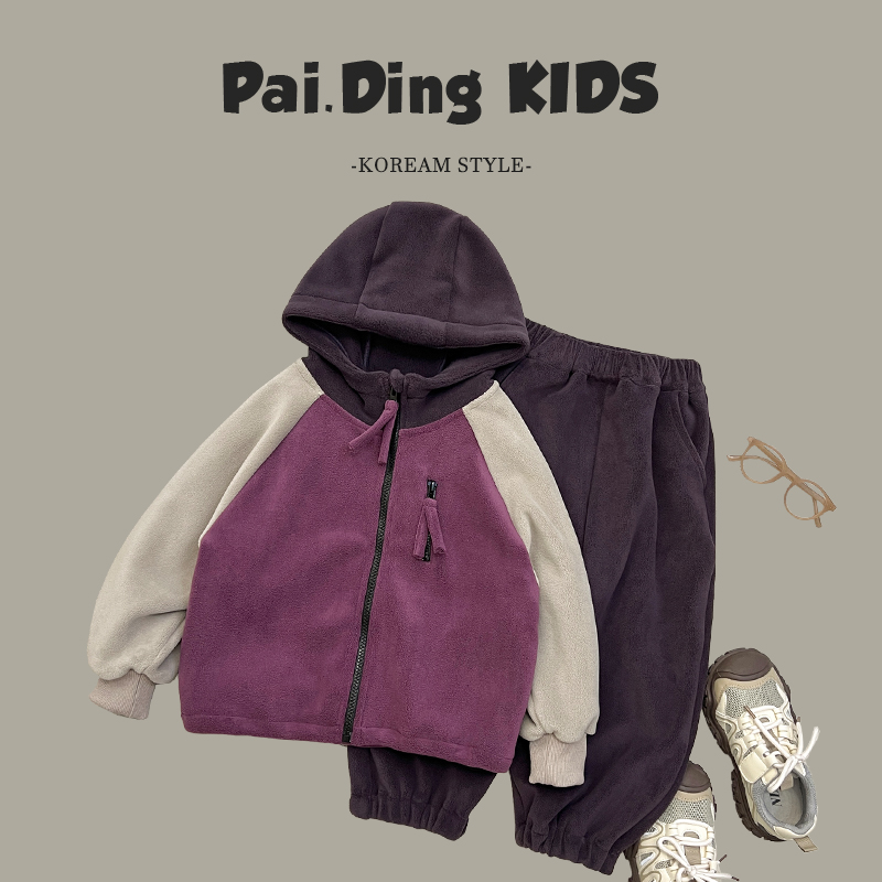 Q现货-秋冬装儿童韩版时尚撞色设计休闲宽松日常连帽套装HCXZ3543