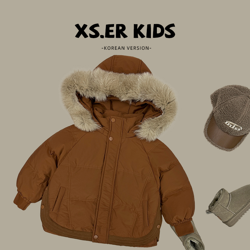 【小首尔】现货-qc4冬装儿童宽松保暖毛领连帽羽绒服SJ0946