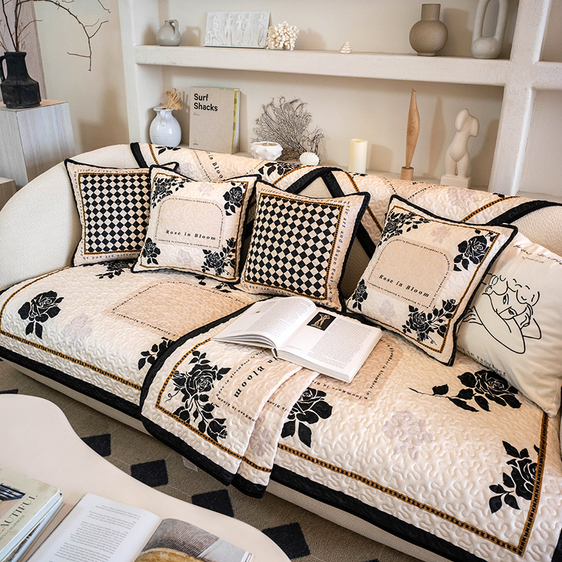 轻奢黑金风植物花卉沙发垫秋冬加厚毛绒坐垫客厅防滑沙发巾套罩盖