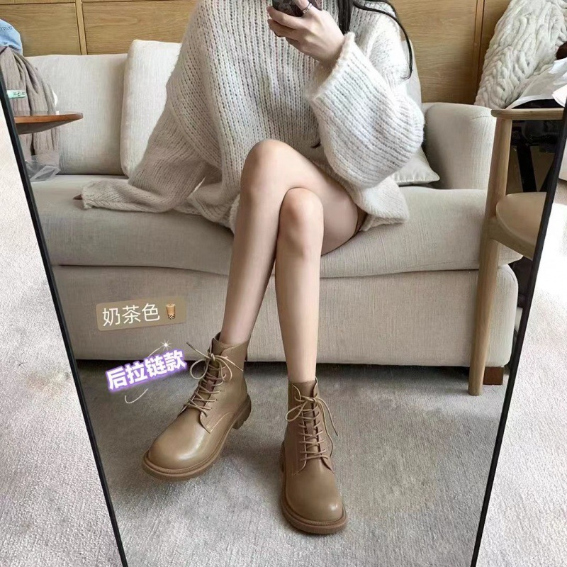 回力瑞时尚气质马丁靴女鞋英伦风休闲百搭奶茶色方头系带时尚靴子