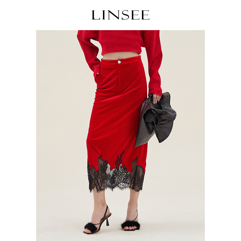 LINSEE/麟瑄春夏款显瘦半身裙丝绒蕾丝拼接高腰半身裙AQ22D341A