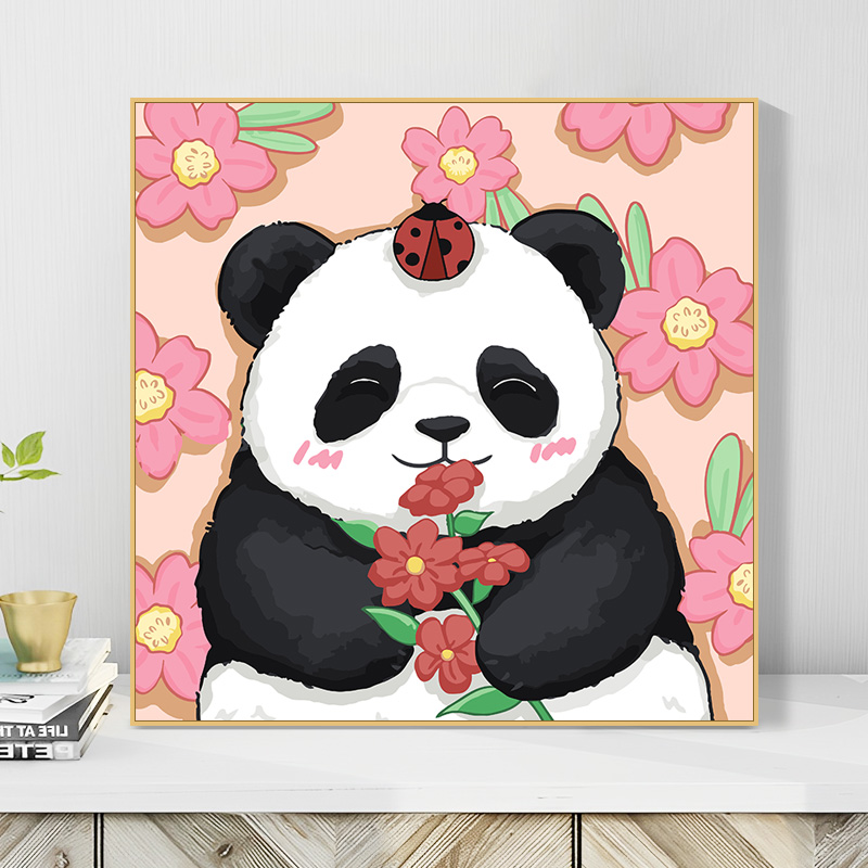 可爱卡通熊猫数字油画diy手工填色动物油彩画手绘填充涂色装饰画 