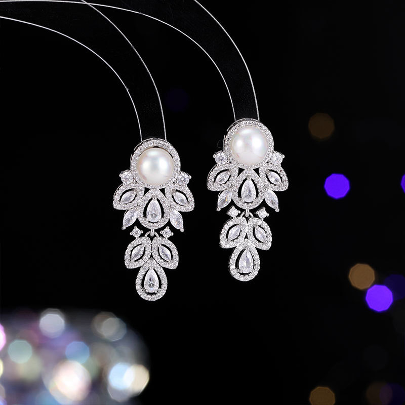 铜合金锆石耳饰 法式气质时尚树叶珠珠耳环轻奢长款锆石耳饰