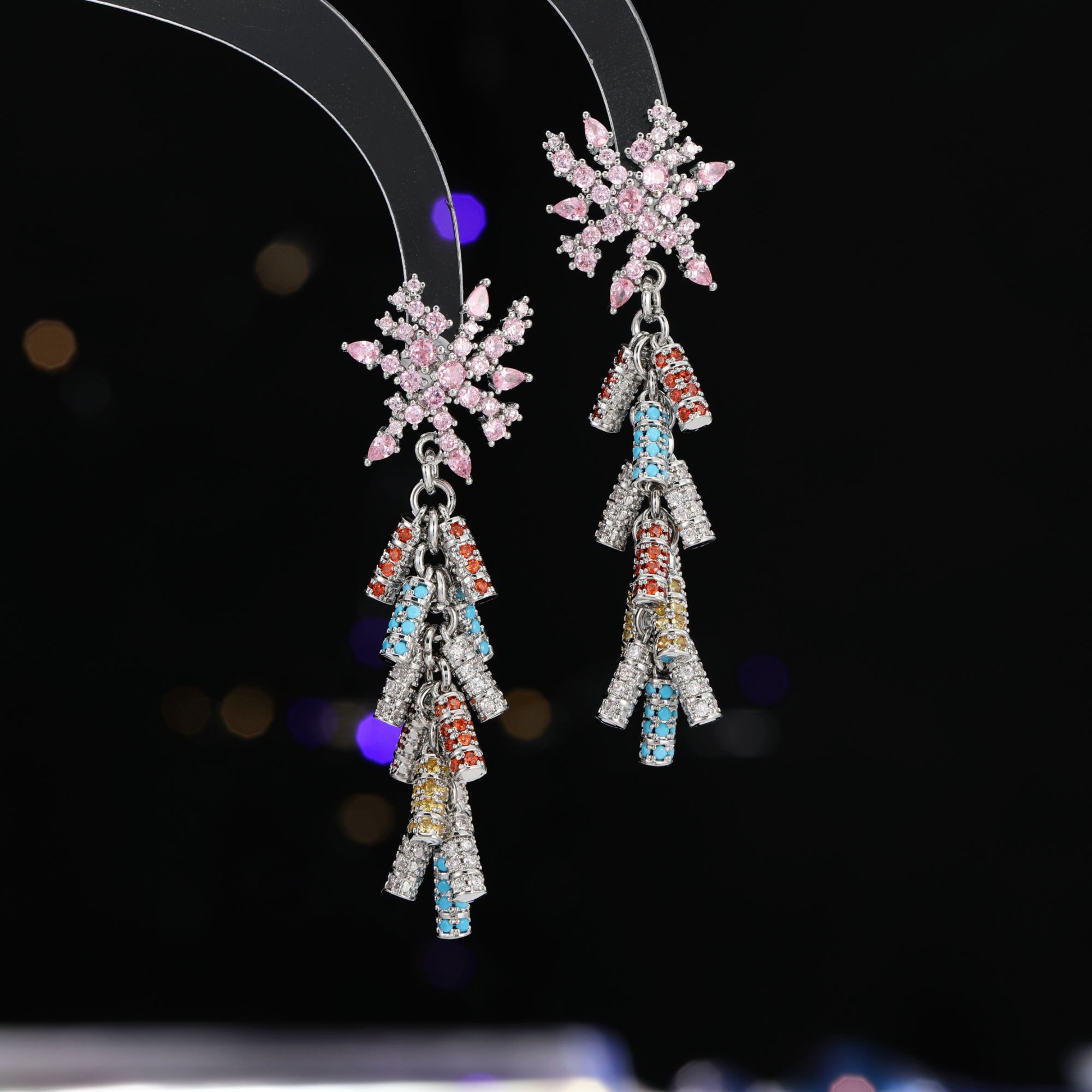 铜合金合成锆石耳饰 新款气质轻奢重工长款流苏耳环彩色锆石走秀