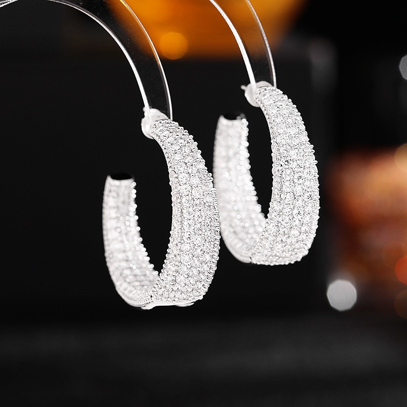 铜合金锆石耳饰  重工大气耳饰轻奢风内外满锆石圈圈圆环C圈耳环