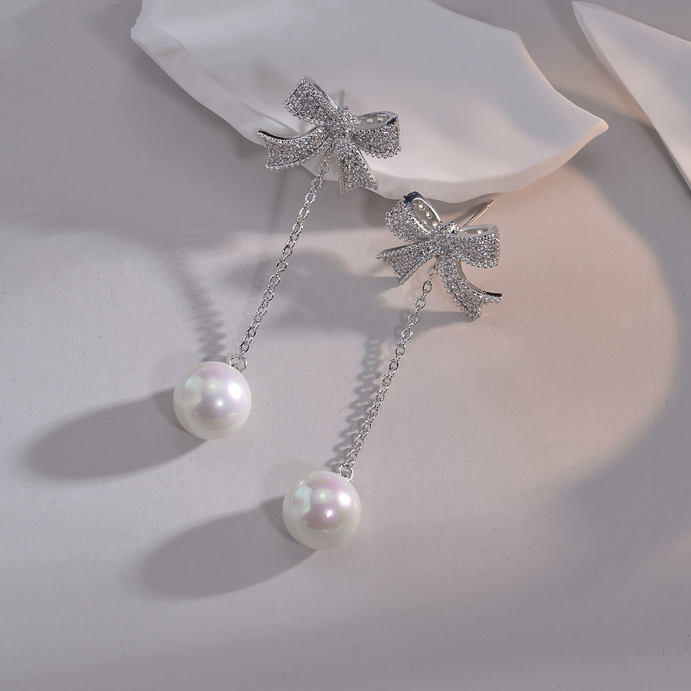 铜合金锆石耳饰  蝴蝶结流苏耳坠法式感耳夹长款超仙百搭耳环