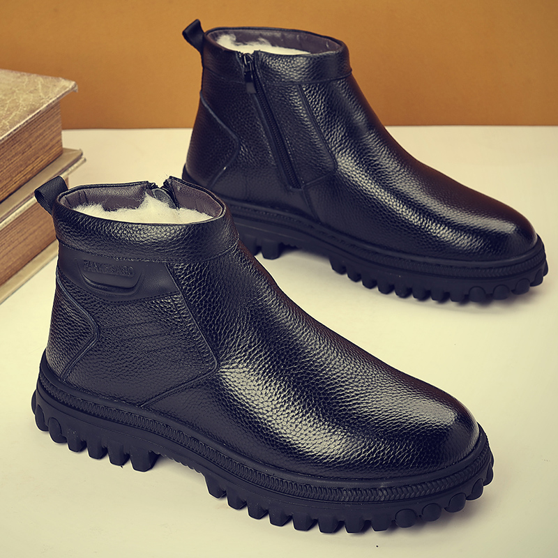 黑色高帮皮靴保暖舒适耐磨防滑男士加绒防滑加厚保暖冬季雪地靴