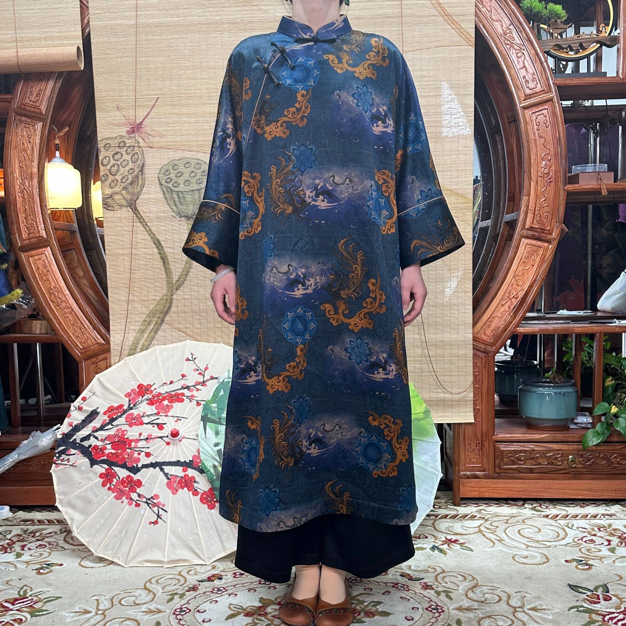 60姆米重缎凤鸣朝阳100桑蚕丝香云纱立领斜开襟袍子新中式