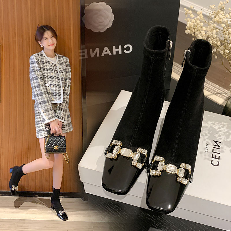 靴子女短靴新水钻弹力瘦瘦靴方头粗跟小香风高跟短靴女秋冬单靴
