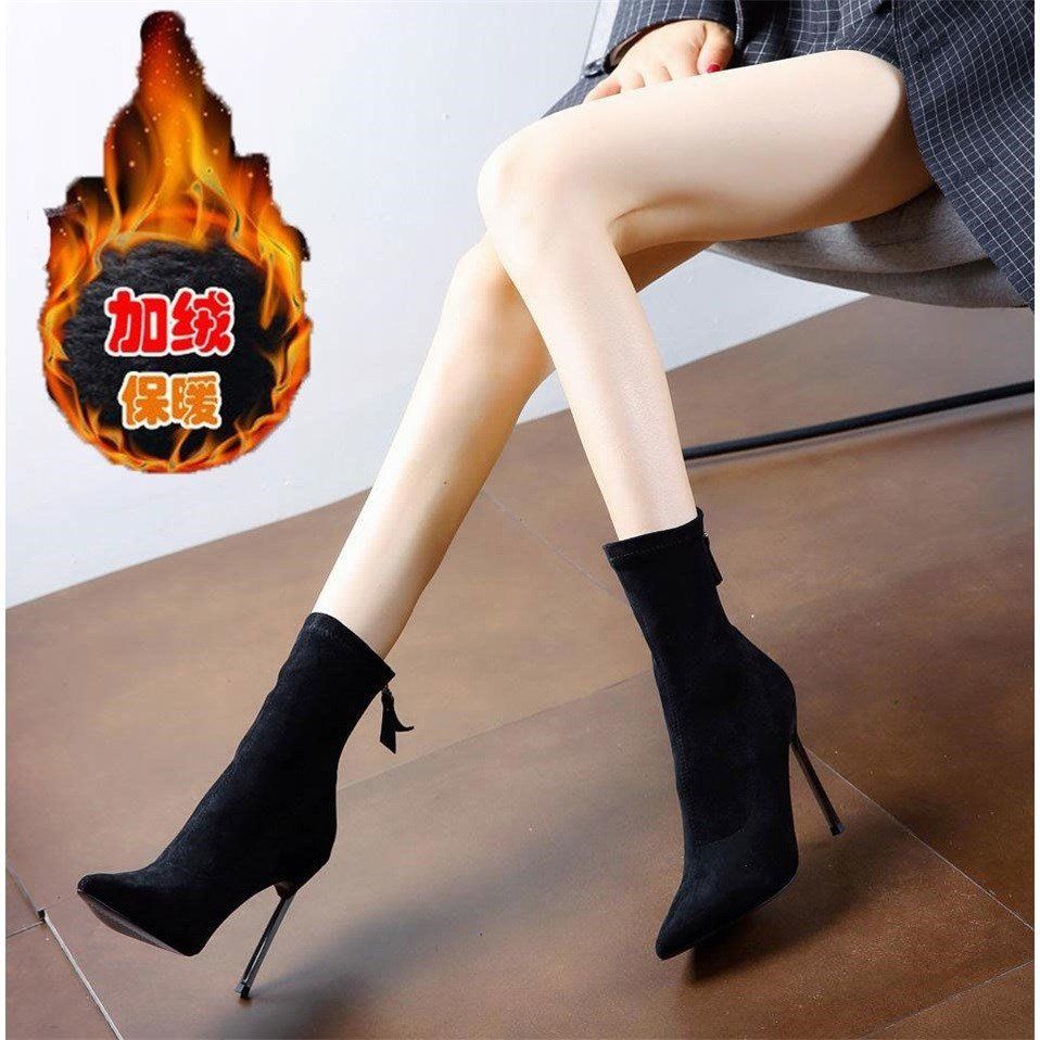 瘦瘦靴2024新款秋冬马丁靴百搭尖头高跟鞋细跟弹力袜子短靴女