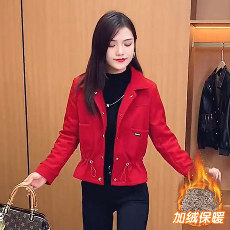 短款加绒加厚外套2024年冬季新款修身长袖开衫洋气收腰小个子上衣