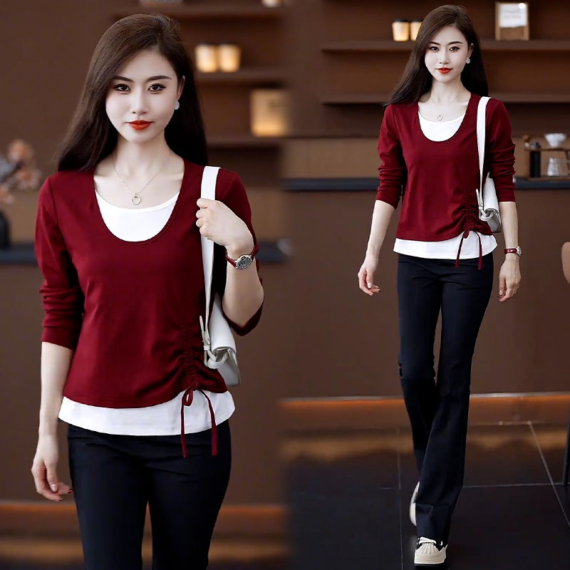 高含棉设计感假两件长袖t女2025春秋季新款时尚洋气显瘦减龄上衣
