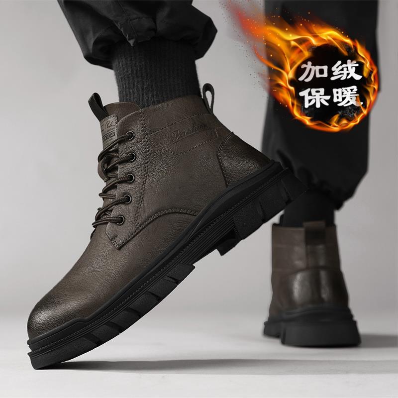 红蜻蜓牌软皮马丁靴男冬季高帮工装靴英伦真皮皮鞋男士加绒保暖棉