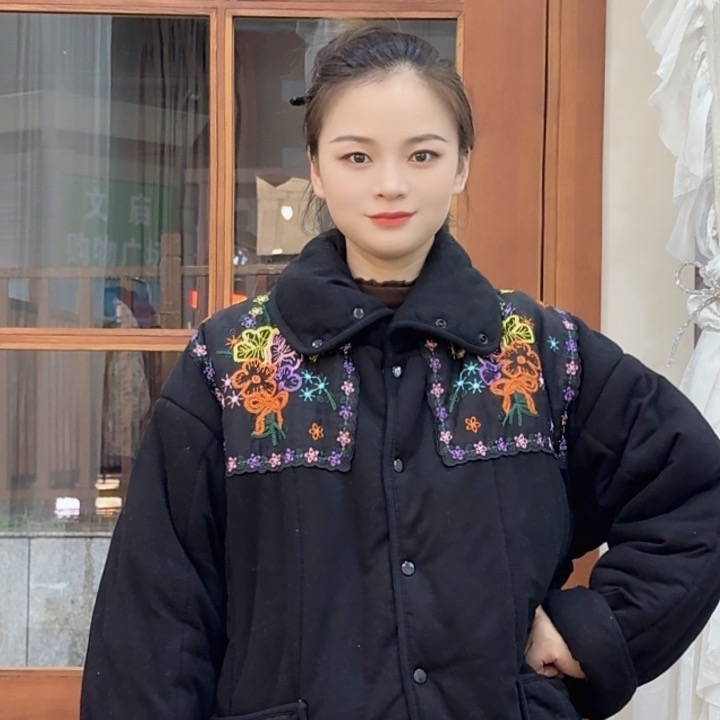 新疆棉高级黑立领宽松版家居服网红复古加厚印花民族风加绒秋冬