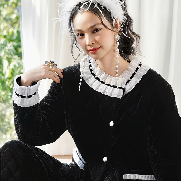 AW原创财阀千金绗棉睡衣套装冬款保暖加厚高级拉夫领家居服可外穿