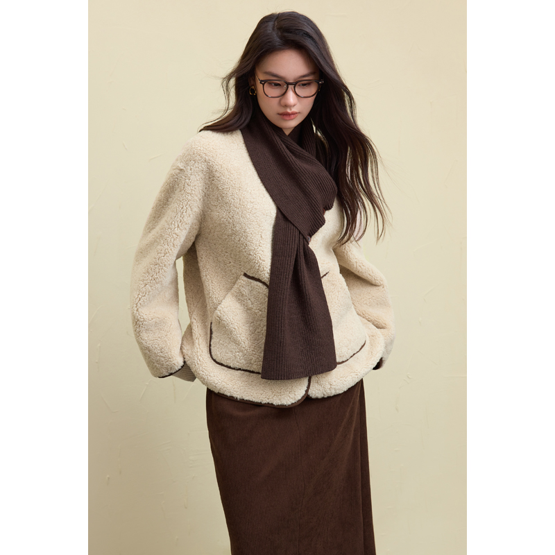 独束大码女装仿羊羔毛皮毛一体冬季新品时尚保暖外套24DS84648