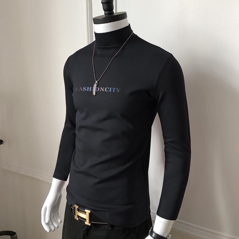 男士长袖t恤春季打底衫中领上衣莫代半高领修身纯色体恤时尚百搭w