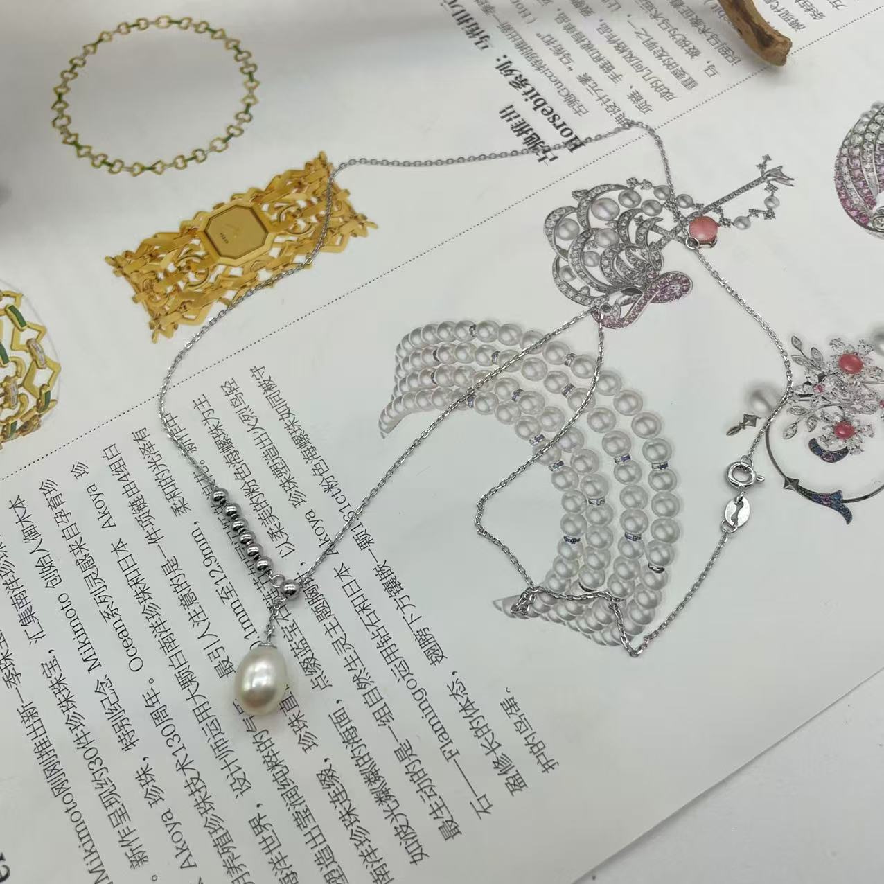 时尚百搭通体S925银多珠项链天然淡水珍珠项链项链脖颈链毛衣链 