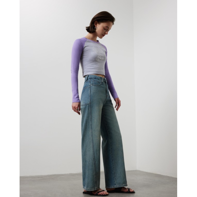 ICYNESS-【明星同款】棉质骨线阔腿牛仔裤