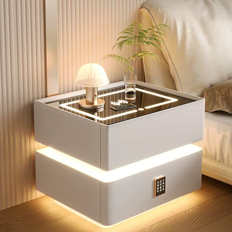 实木床头柜智能奶油风蓝牙轻奢充电家用简约带灯床边柜无线智能床