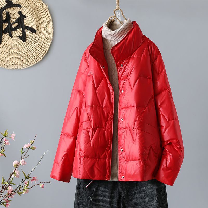 反季清仓轻薄羽绒服服女短款韩版宽松百搭冬季羽绒服红色立领