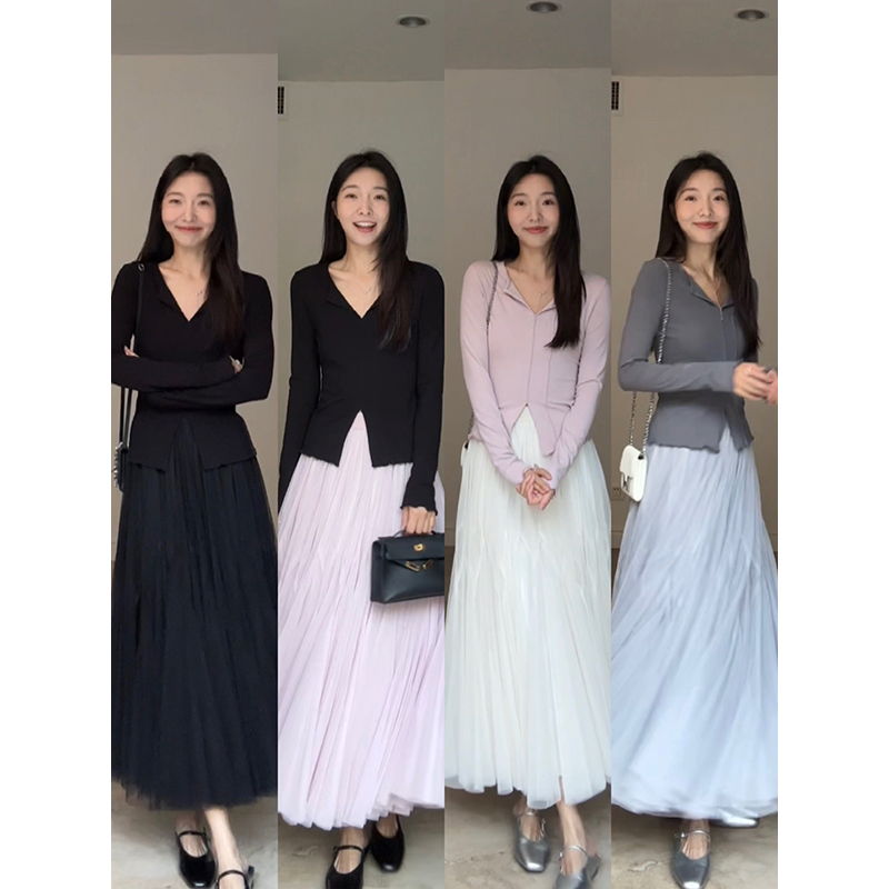 郭九九 蝴蝶重工拼接飘逸长款网纱裙显瘦半裙松紧腰G924G02028