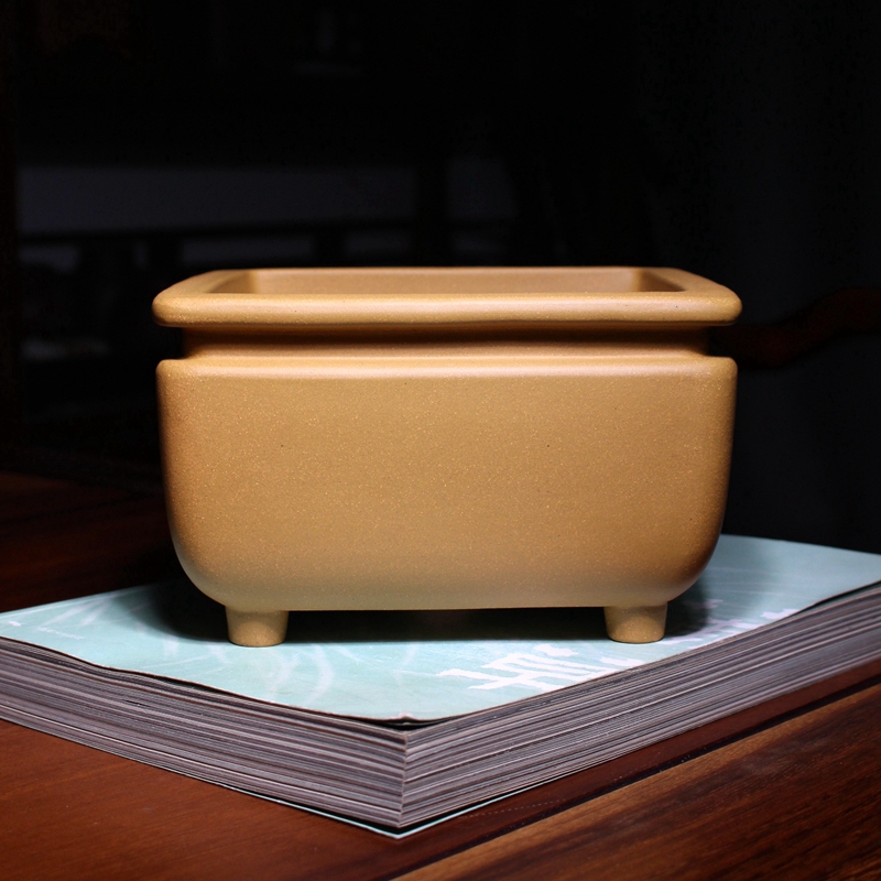 圆足炉形四方鼎精品紫砂花盆段泥手工小盆景盆栽多肉菖蒲盆内门竹