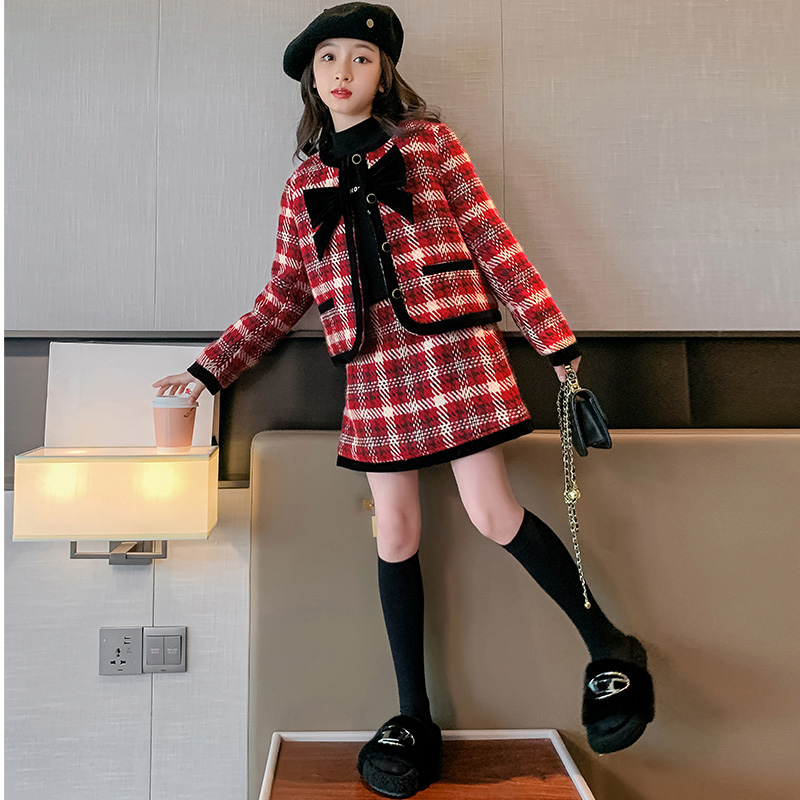 儿童小香风女童夹棉套装秋冬拜年服红色格子蝴蝶结连衣裙两件套潮