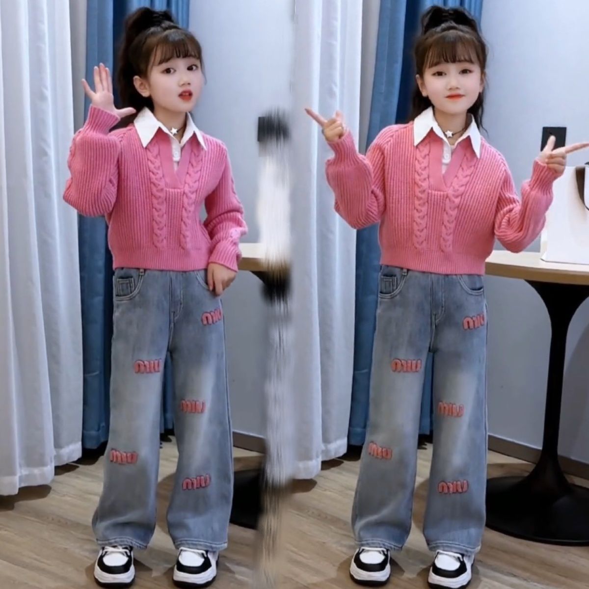 女童毛衣套装2025秋冬新款韩版甜酷绣花加绒阔腿牛仔裤潮流两件套