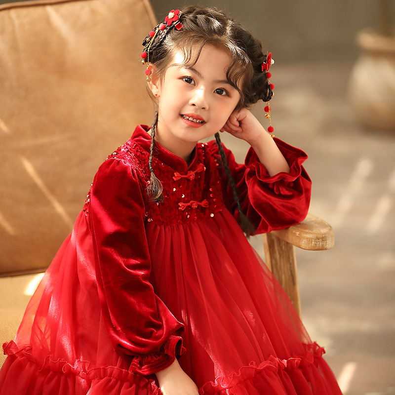 儿童丝绒亮片拼接网纱裙2023秋季新款公主裙中大童复古盘扣网纱裙
