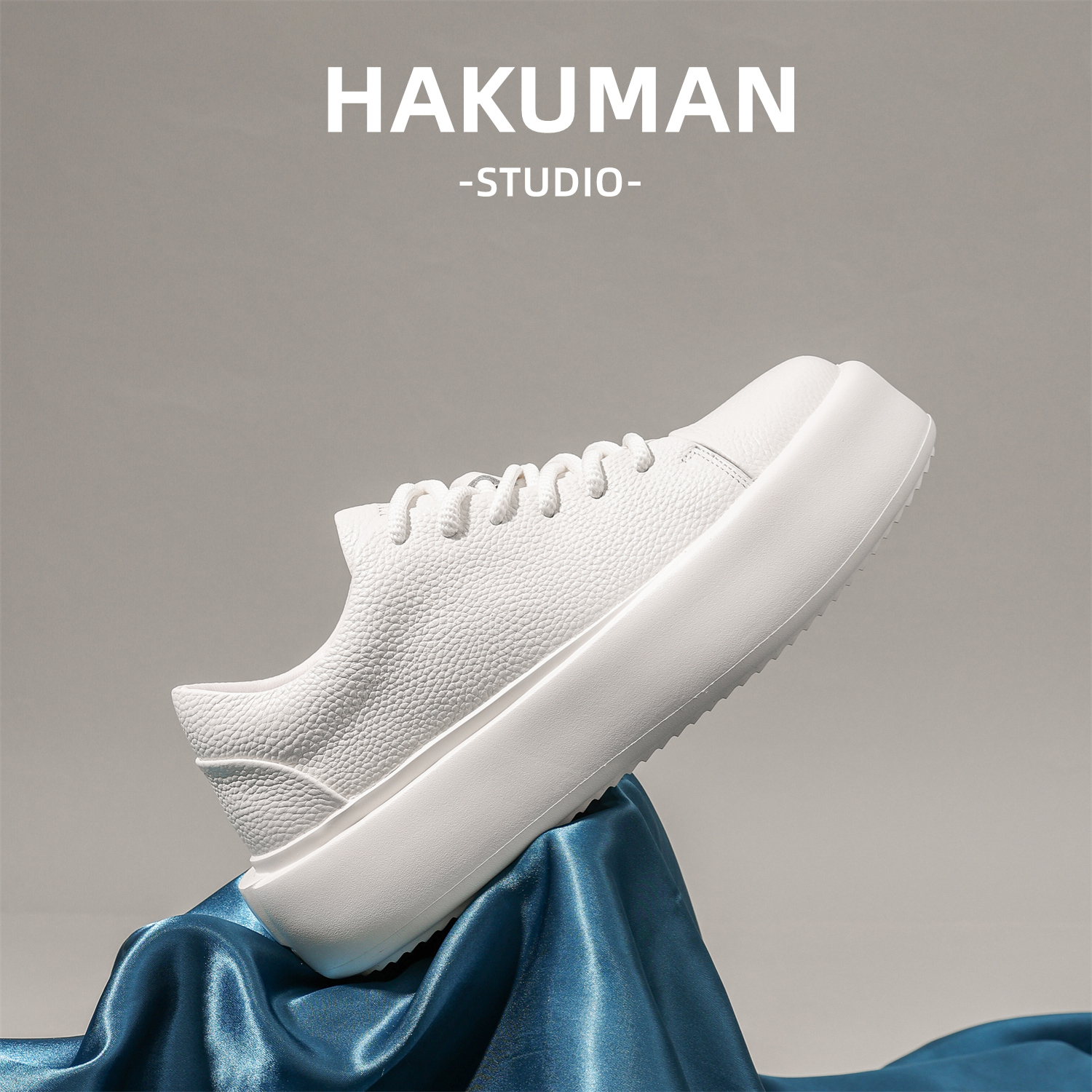 HAKUMAN夏季厚底小白鞋男头层牛皮真皮增高系带简约百搭ins小众潮