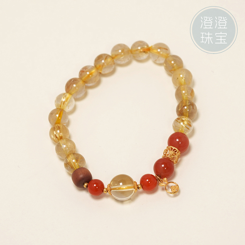 【澄澄珠宝】发晶+南红+老山檀+18k金镶嵌手链手串