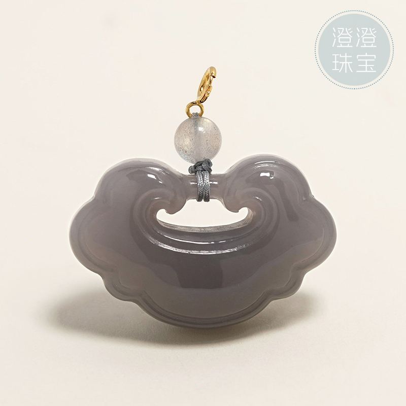 【澄澄珠宝】和田玉中号烟紫锁＋18k金镶嵌时尚精美百搭吊坠 赠绳