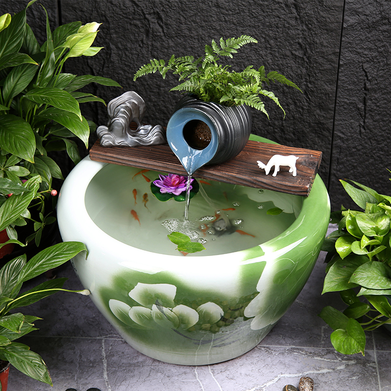 增氧古法养鱼乔迁礼品家居落地大缸喷泉荷花缸流水摆件水循环造景