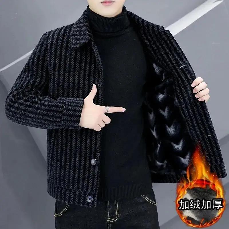 【小扬哥推荐】秋冬季新款男士外套高档百搭加绒厚条纹毛呢大衣翻