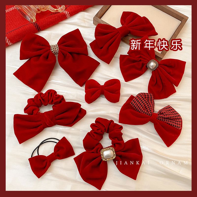 秋冬红色丝绒蝴蝶结发夹女高级感过年发饰