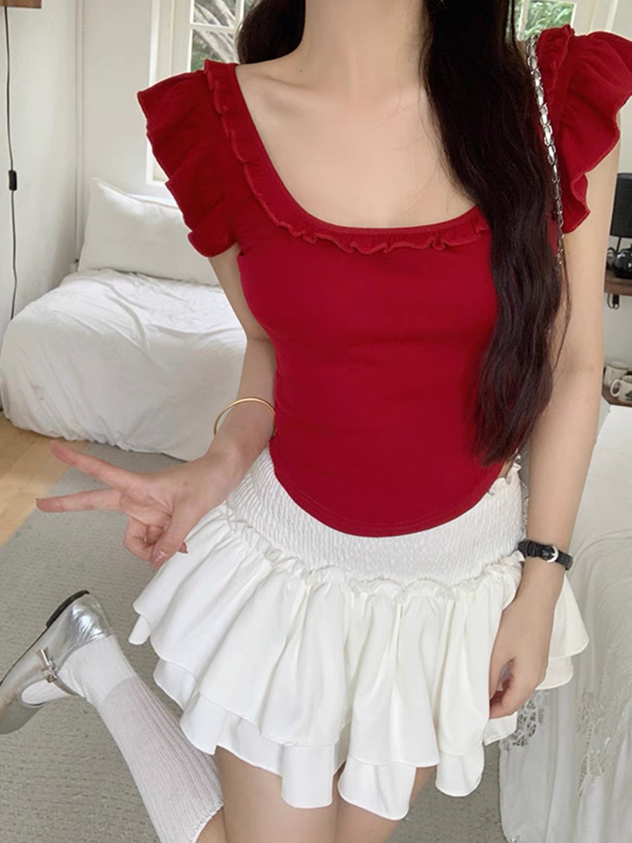2NANA夏季红色辣妹小飞袖T恤女荷叶边方领短款露背修身显瘦
