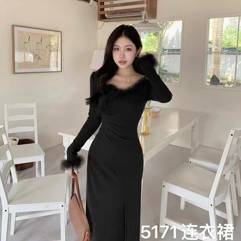 秋冬加绒新款大码5171法式气质性感针织连衣裙高级裙子修身长裙