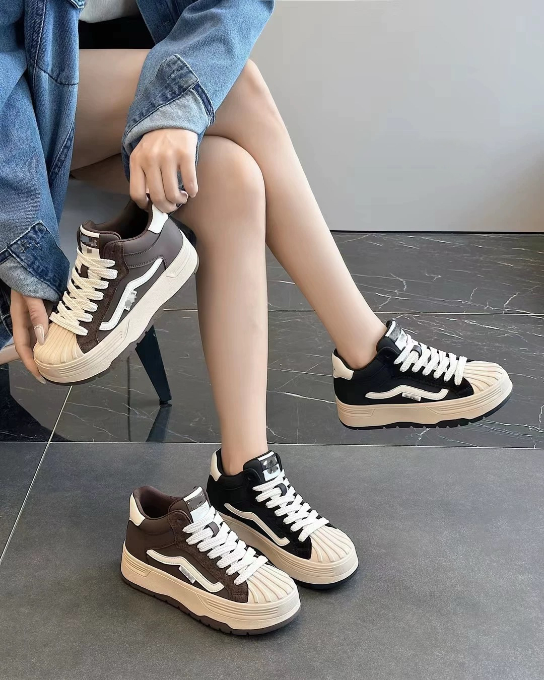 加大加肥LF28新款高帮系带贝壳头板鞋厚底休闲鞋