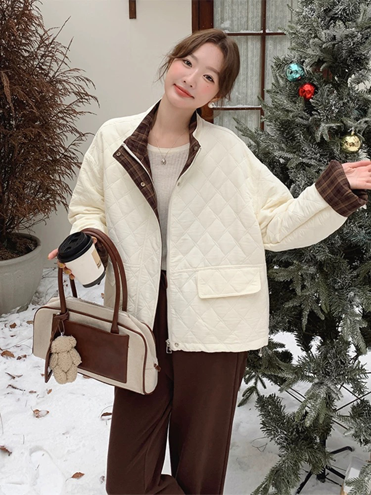 6116大码秋冬新款加厚保暖菱形格棉服棉衣立领时尚设计感棉袄潮