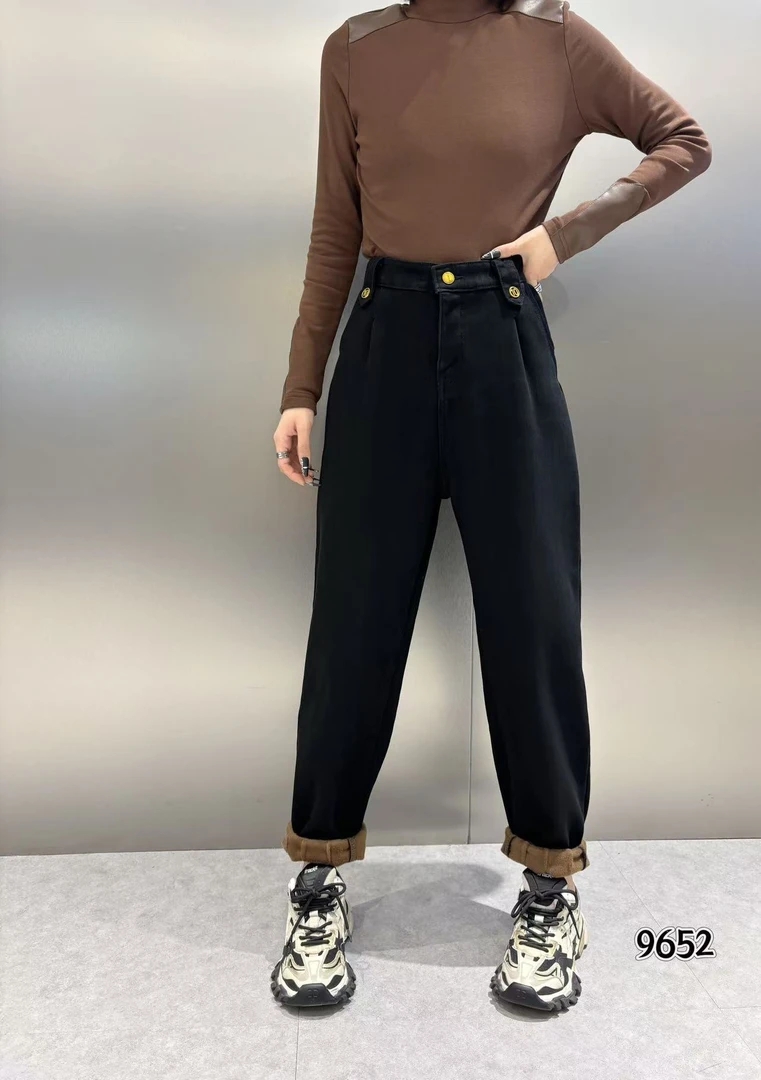 冬季大码新款加绒9652-1设计感时尚甜酷风口袋高腰显瘦老爹裤