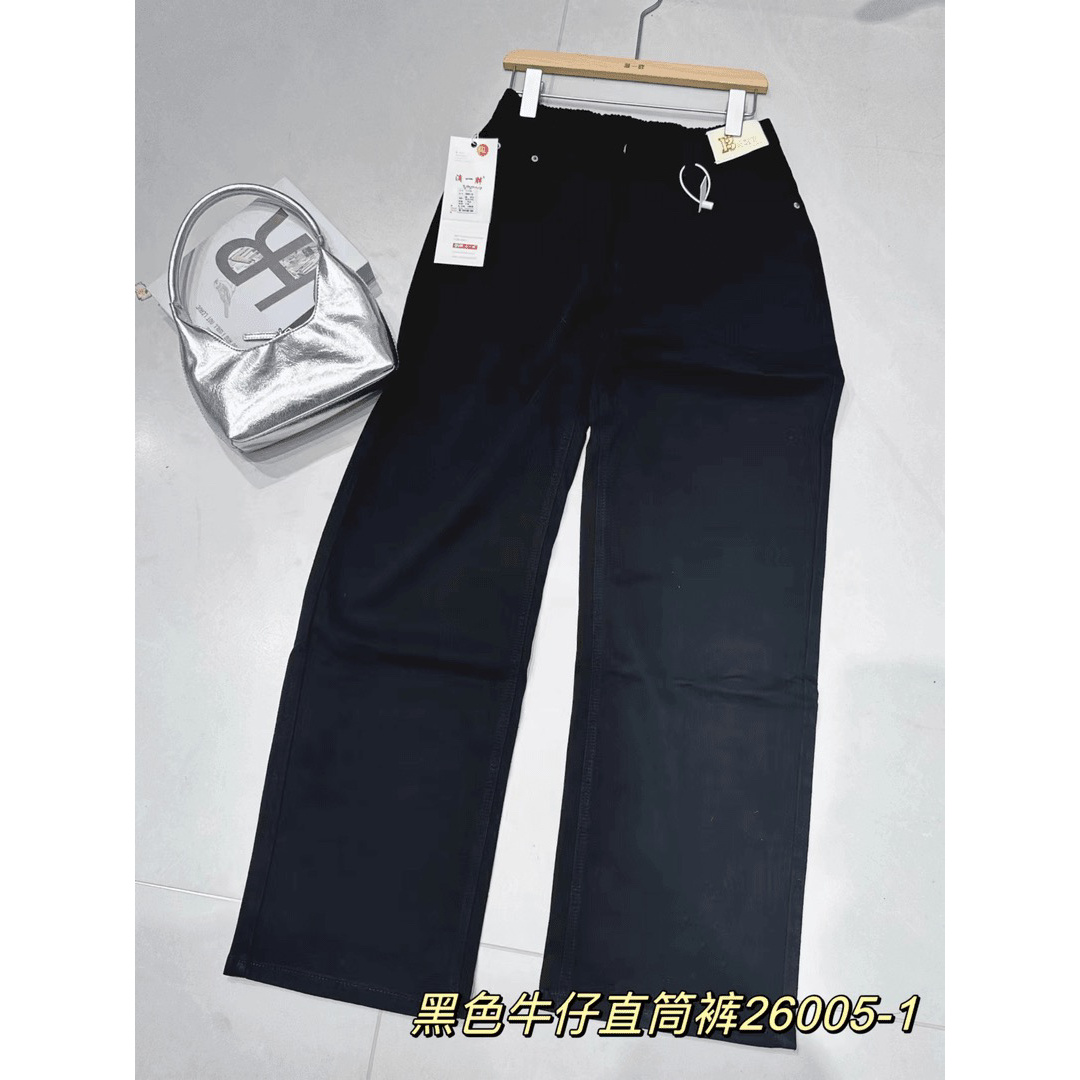 早春新款大码26005-1高腰黑色牛仔裤直筒裤弹力烟管裤女