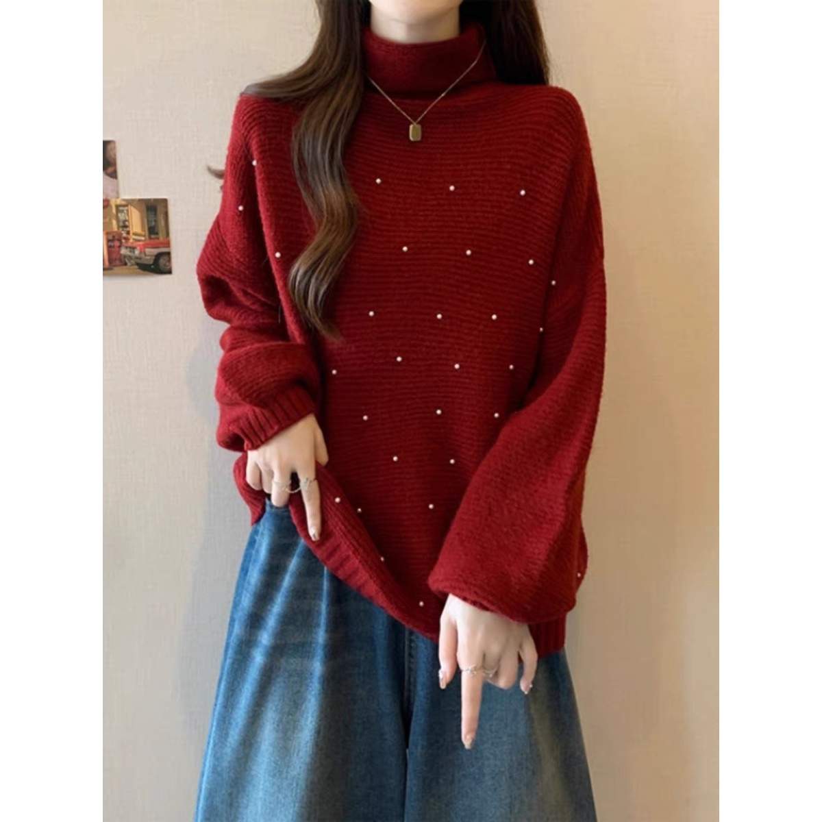 秋冬大码5503–2中长款慵懒红色毛衣显瘦加厚半高领针织打底衫上衣
