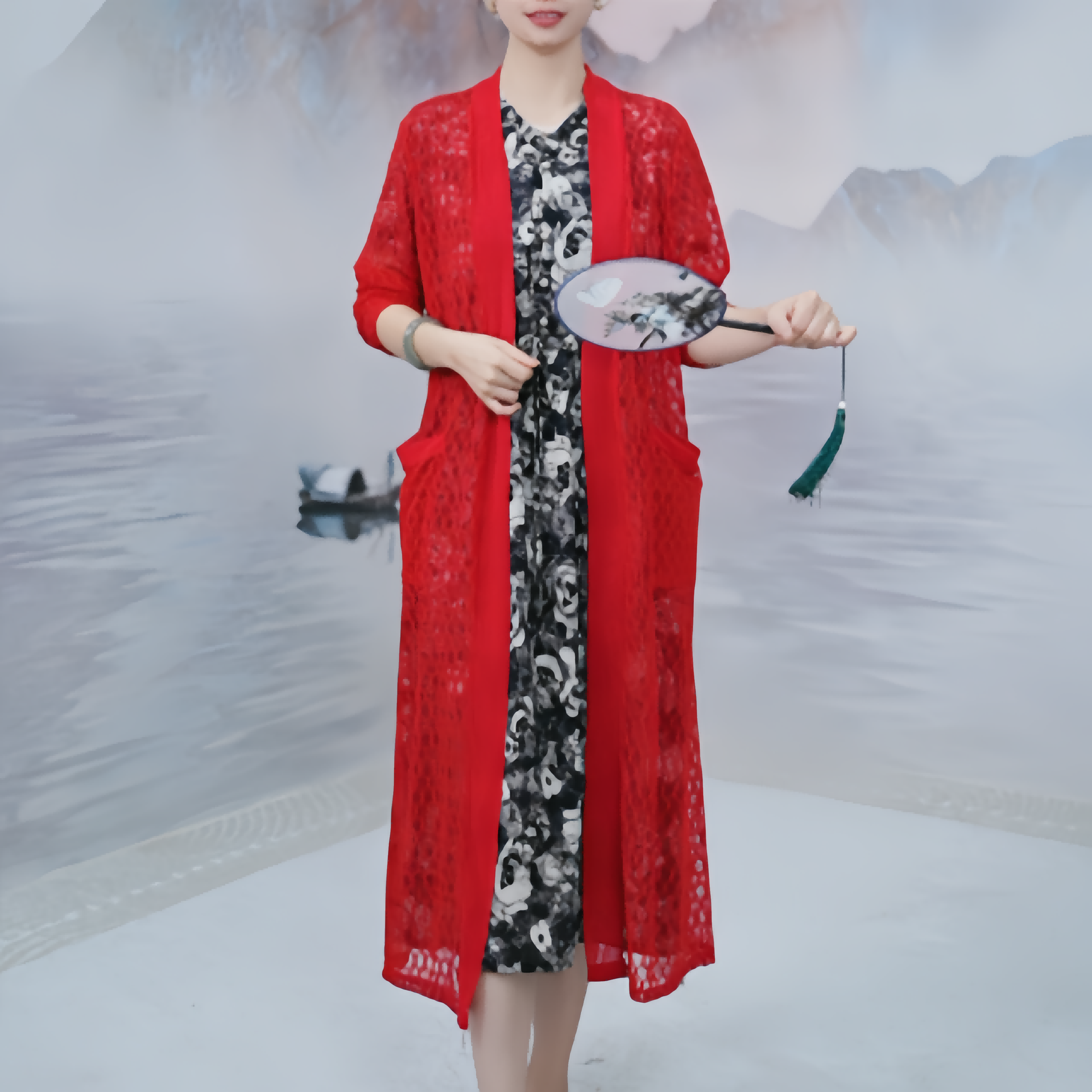 4126夏季新款轻奢高级感中长款时尚百搭薄款气质外搭蕾丝春夏红色