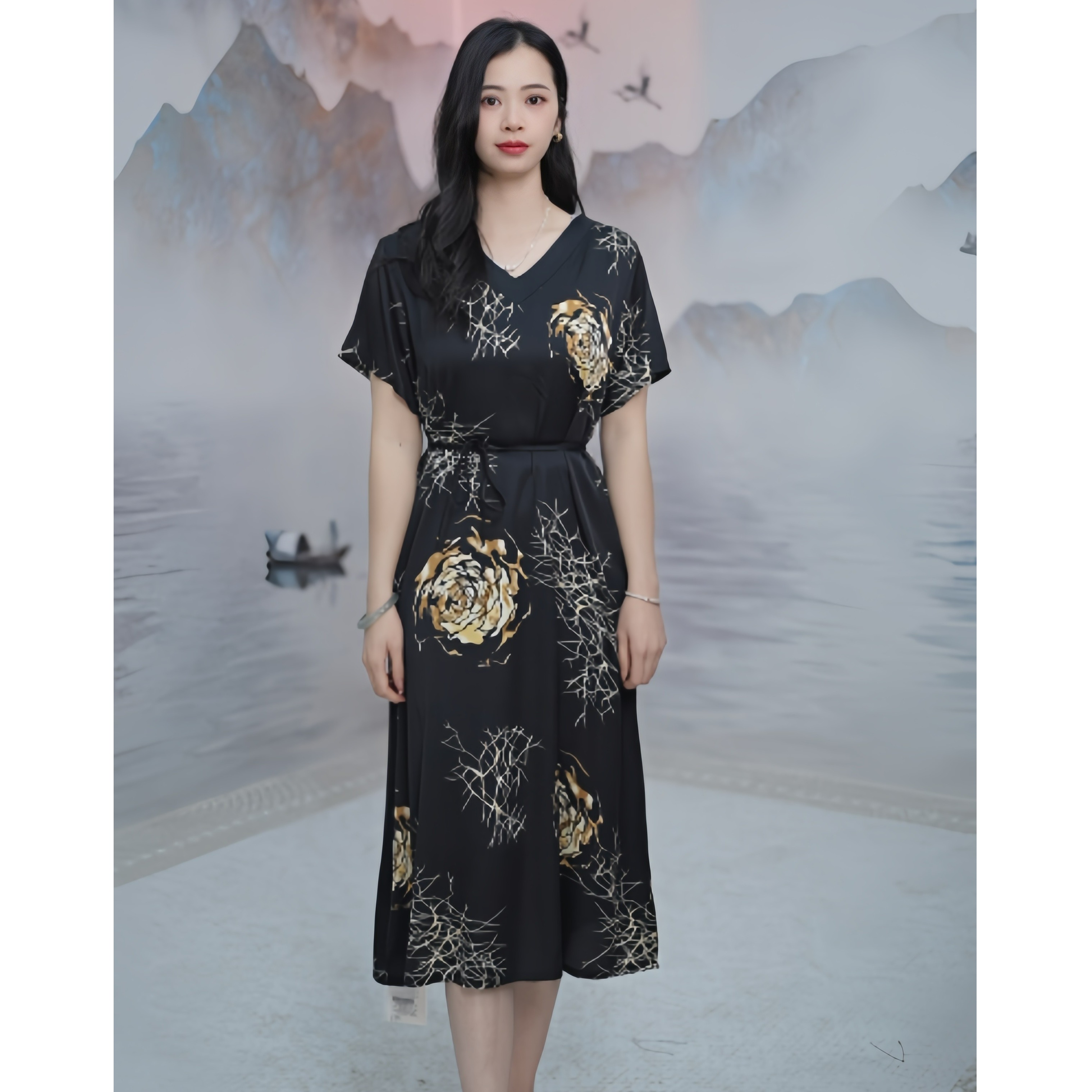 2556  黑金岁月V领高级感夏季时尚显瘦国风系带款女装连衣裙